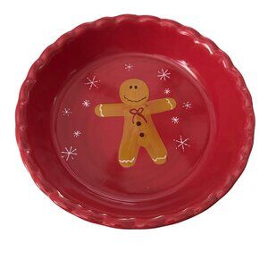 Red Ceramic Pie Dish Gingerbread Man Design Holiday Serving‎ Bakeware 9.5" Round